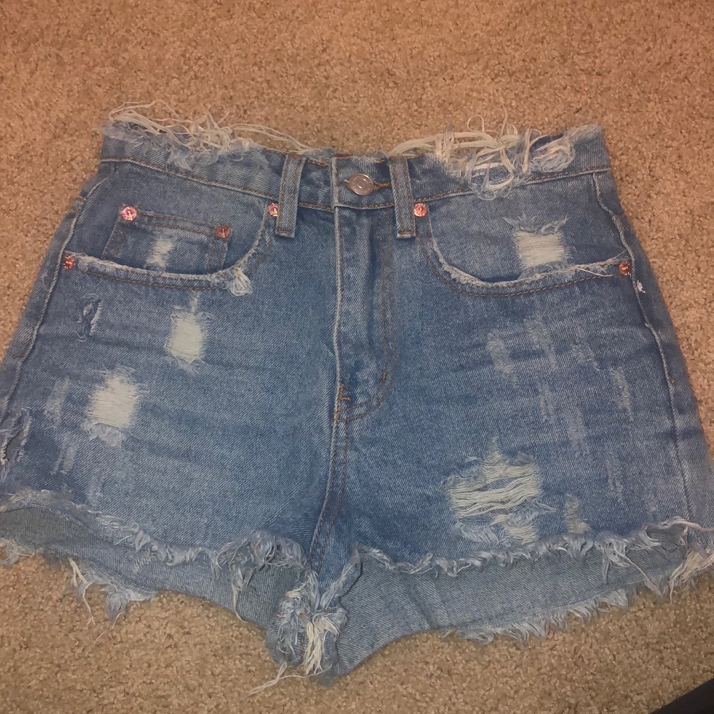 High-waisted Distressed Denim Shorts